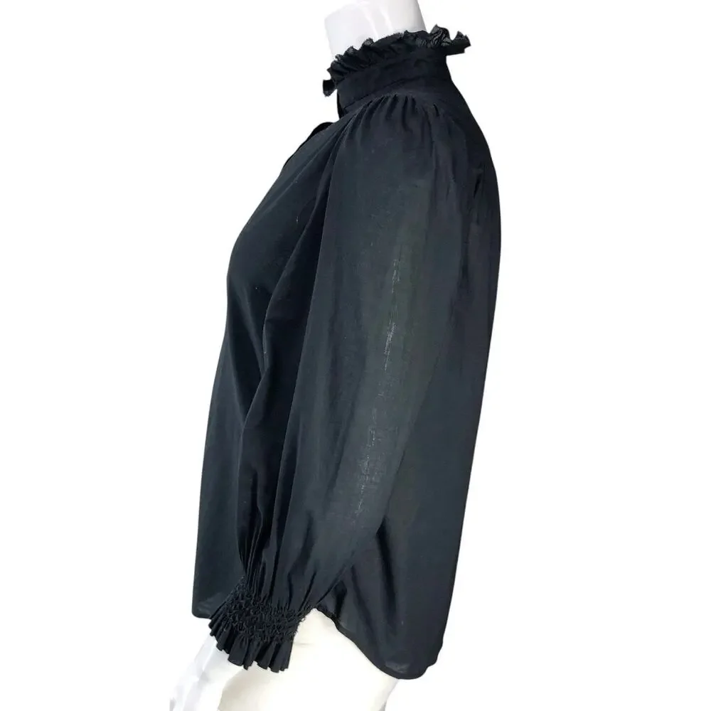 Tuckernuck Blouse Womens L Ruffle High Neck Puff Sleeve Smocked Cuff Black